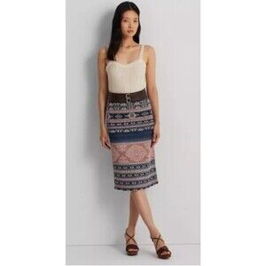 Ralph Lauren Women’s Geo-Motif Linen Cotton Pencil Skirt Pink Blue art geo LARGE